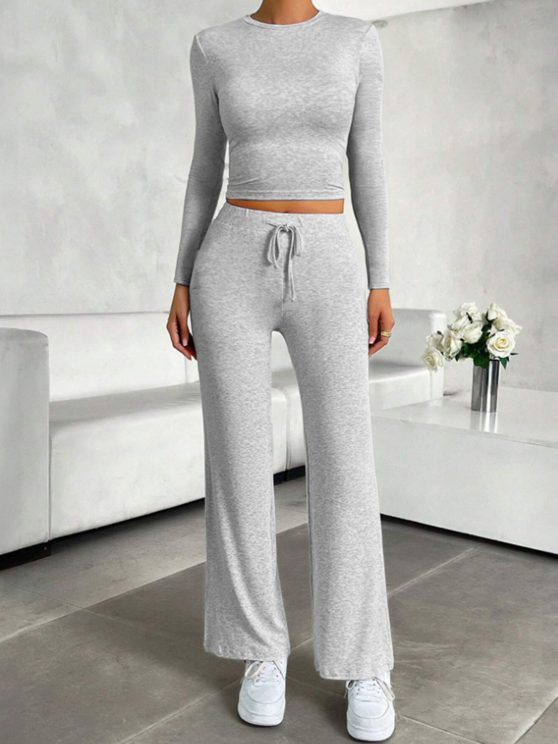 Round Neck Long Sleeve Top and Drawstring Pants Set