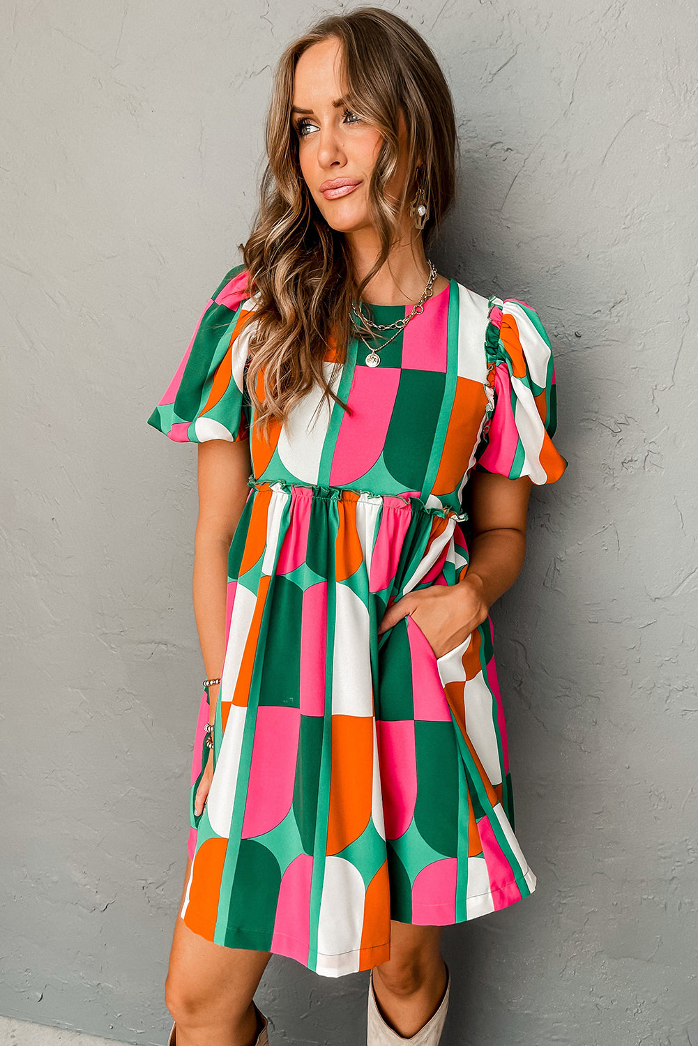 Green Abstract Puff Sleeve Dress