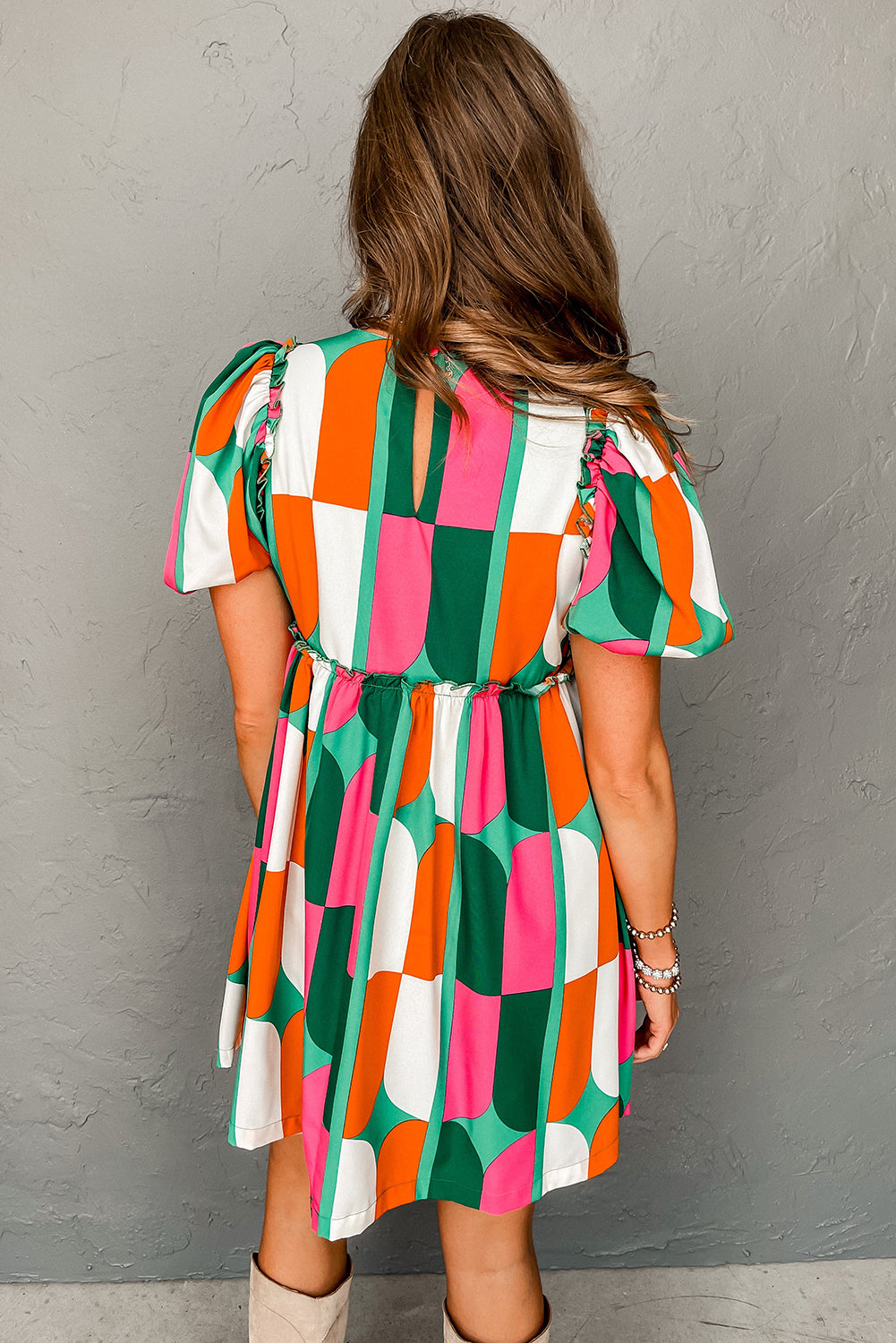 Green Abstract Puff Sleeve Dress