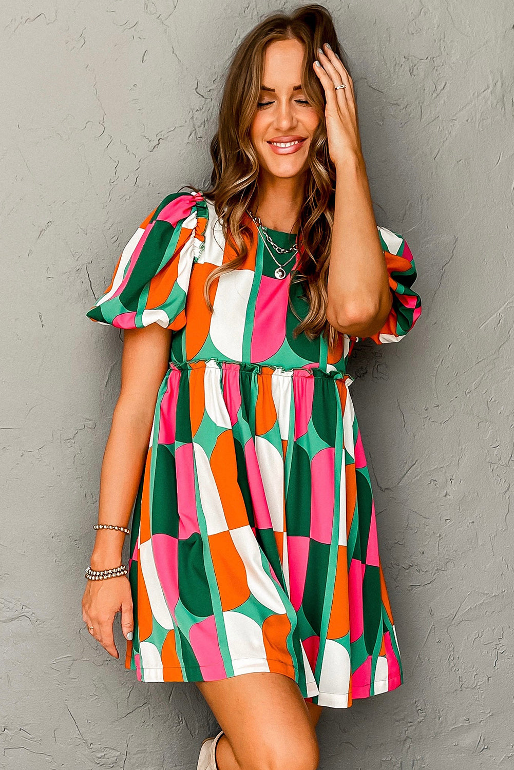 Green Abstract Puff Sleeve Dress