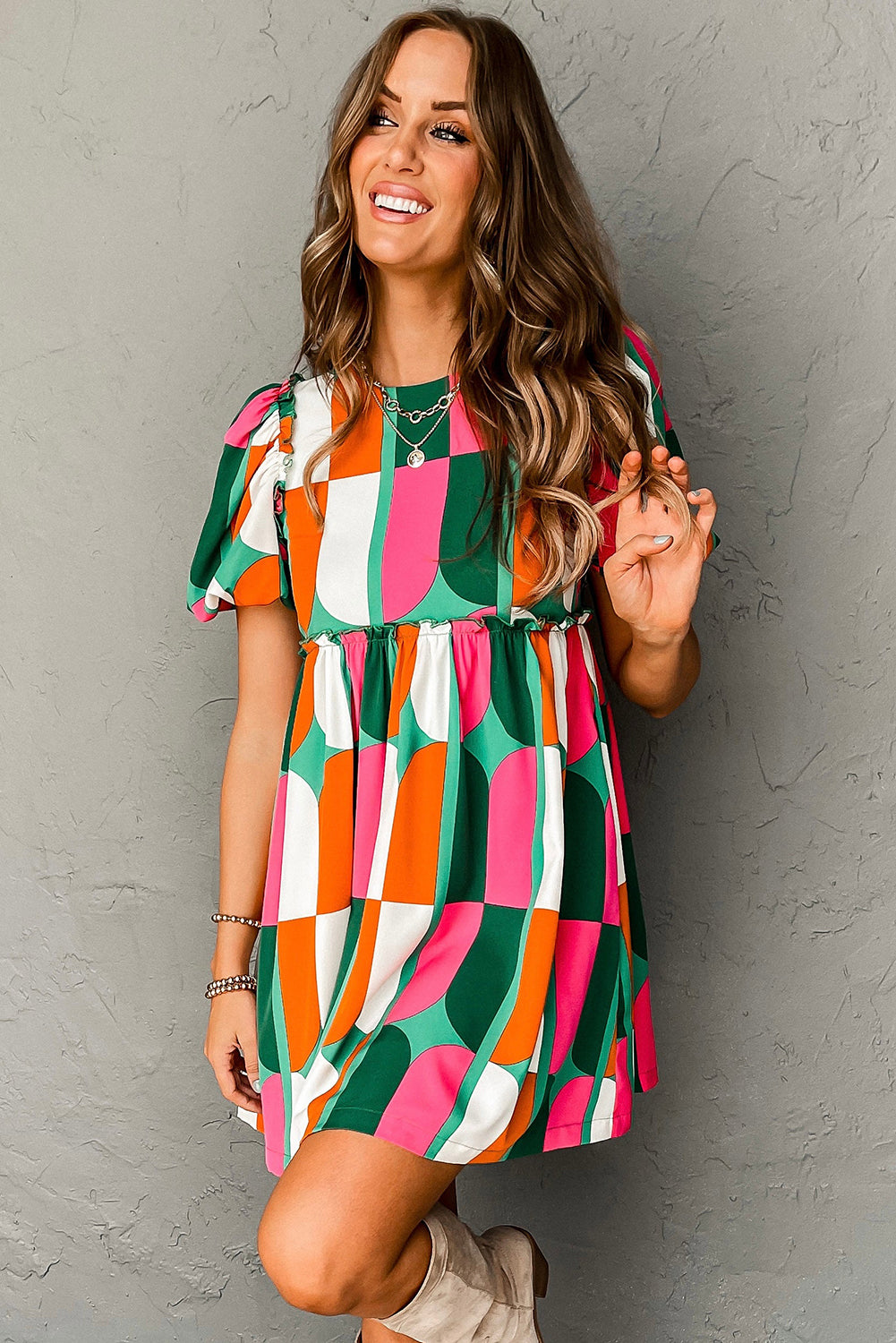 Green Abstract Puff Sleeve Dress