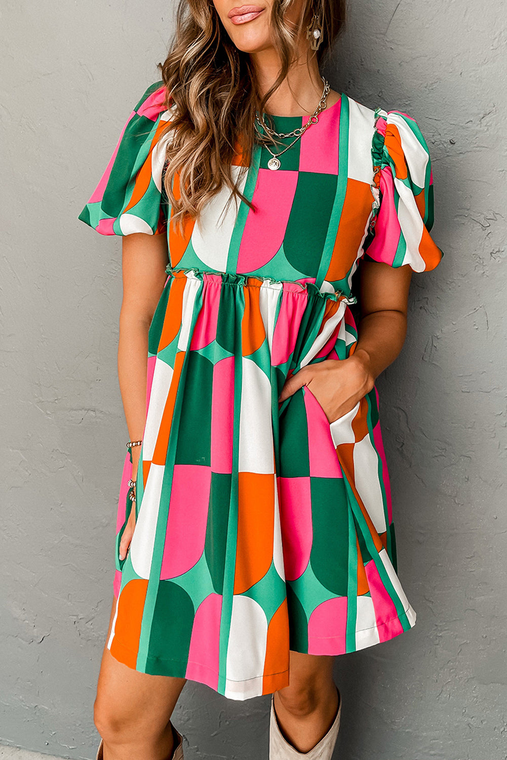 Green Abstract Puff Sleeve Dress