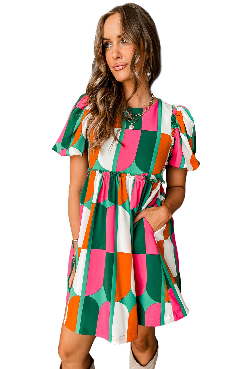 Green Abstract Puff Sleeve Dress