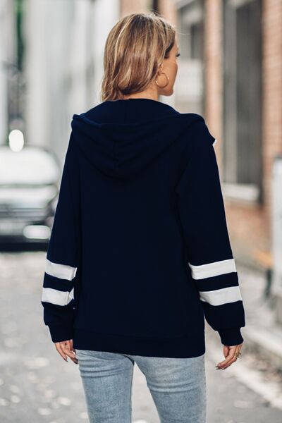 Striped Zip Up Drawstring Hoodie