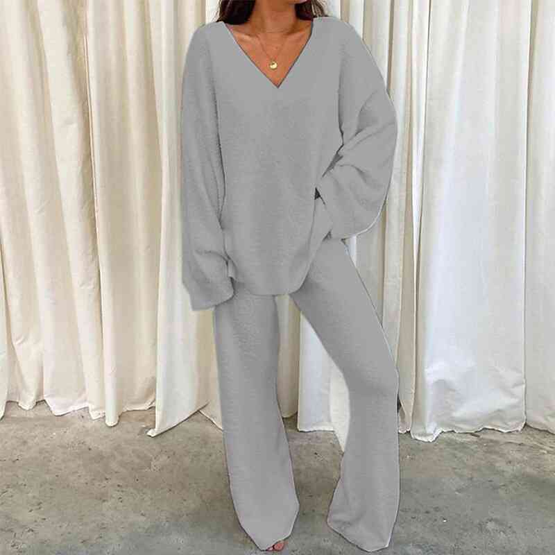 V-Neck Long Sleeve Top and Bottom Set